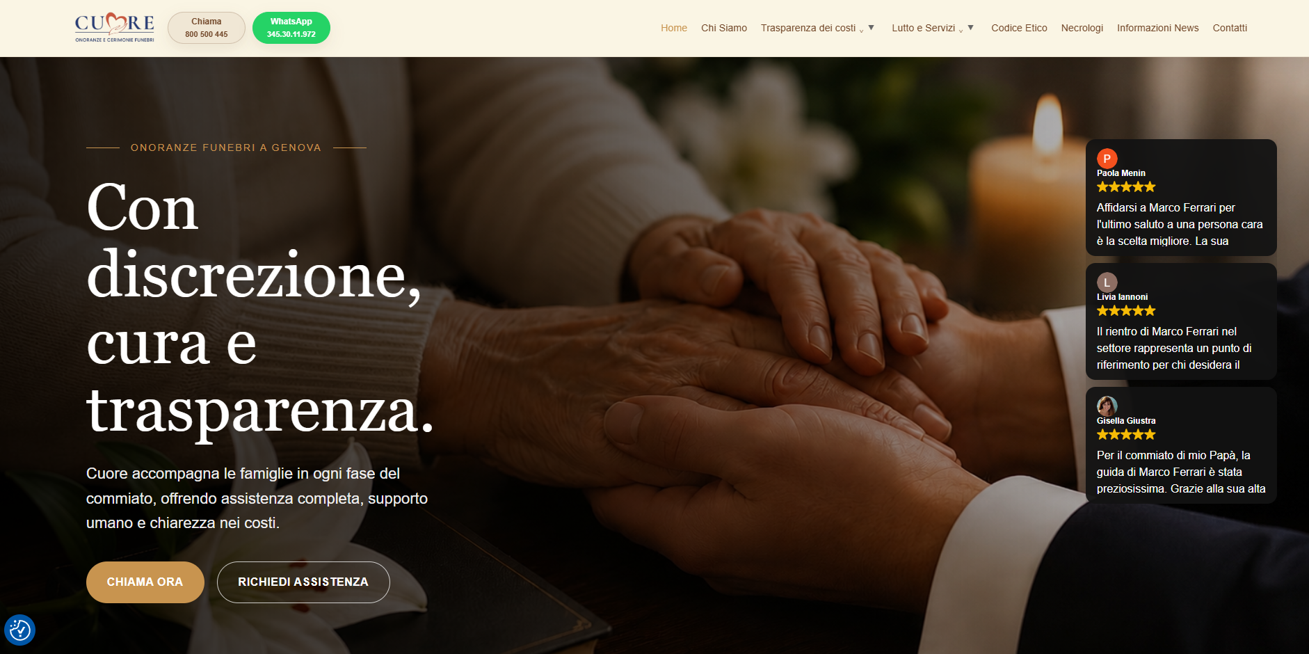 Home del sito Cuore Onoranze Funebri all'interno del mockup mobile